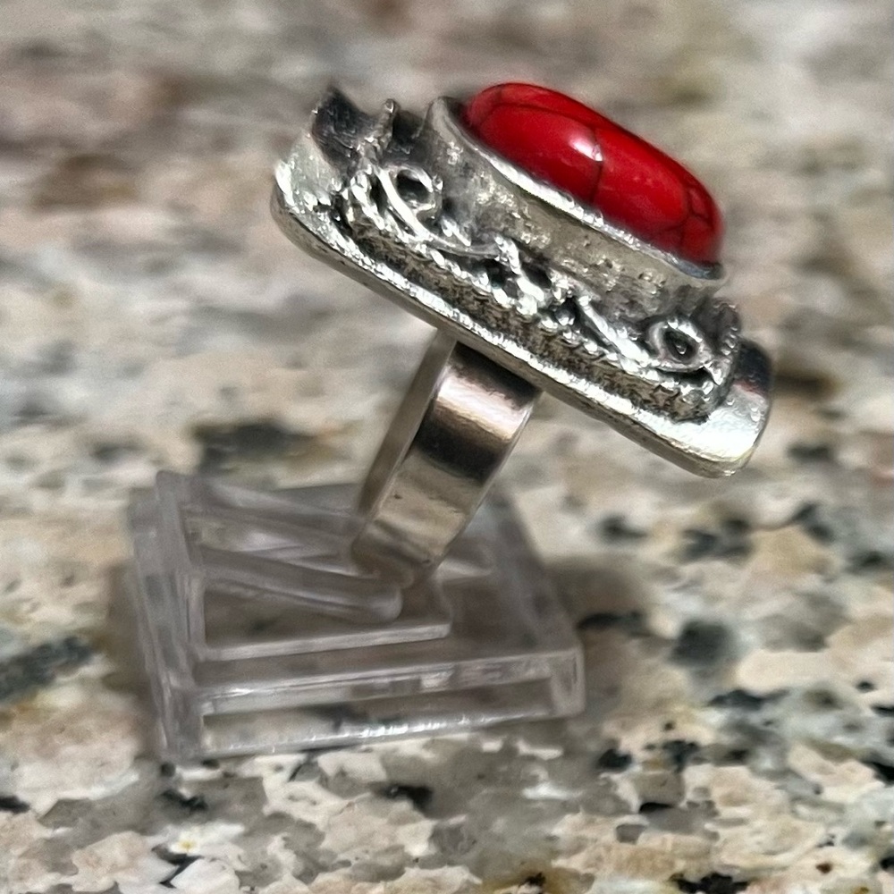 Silver and Red Stone Women's Adjustable Ring - Picture 2 of 2